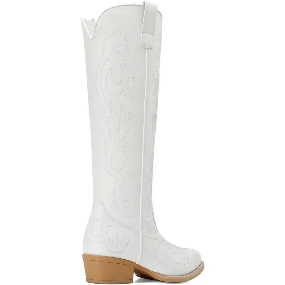 Women Faux Leather White Knee High Chunky Heel Side Zipper Embroidered Boot